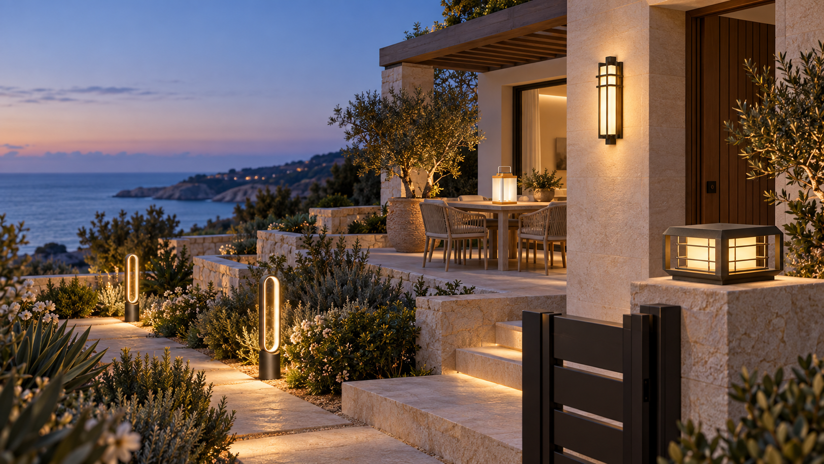 Concept scene showing a complete wall, pillar, garden and portable lighting family in a coastal villa