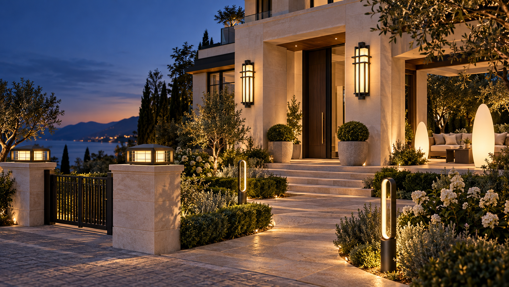Concept luxury villa scene showing custom-scale wall, pillar, garden and ambient lights together