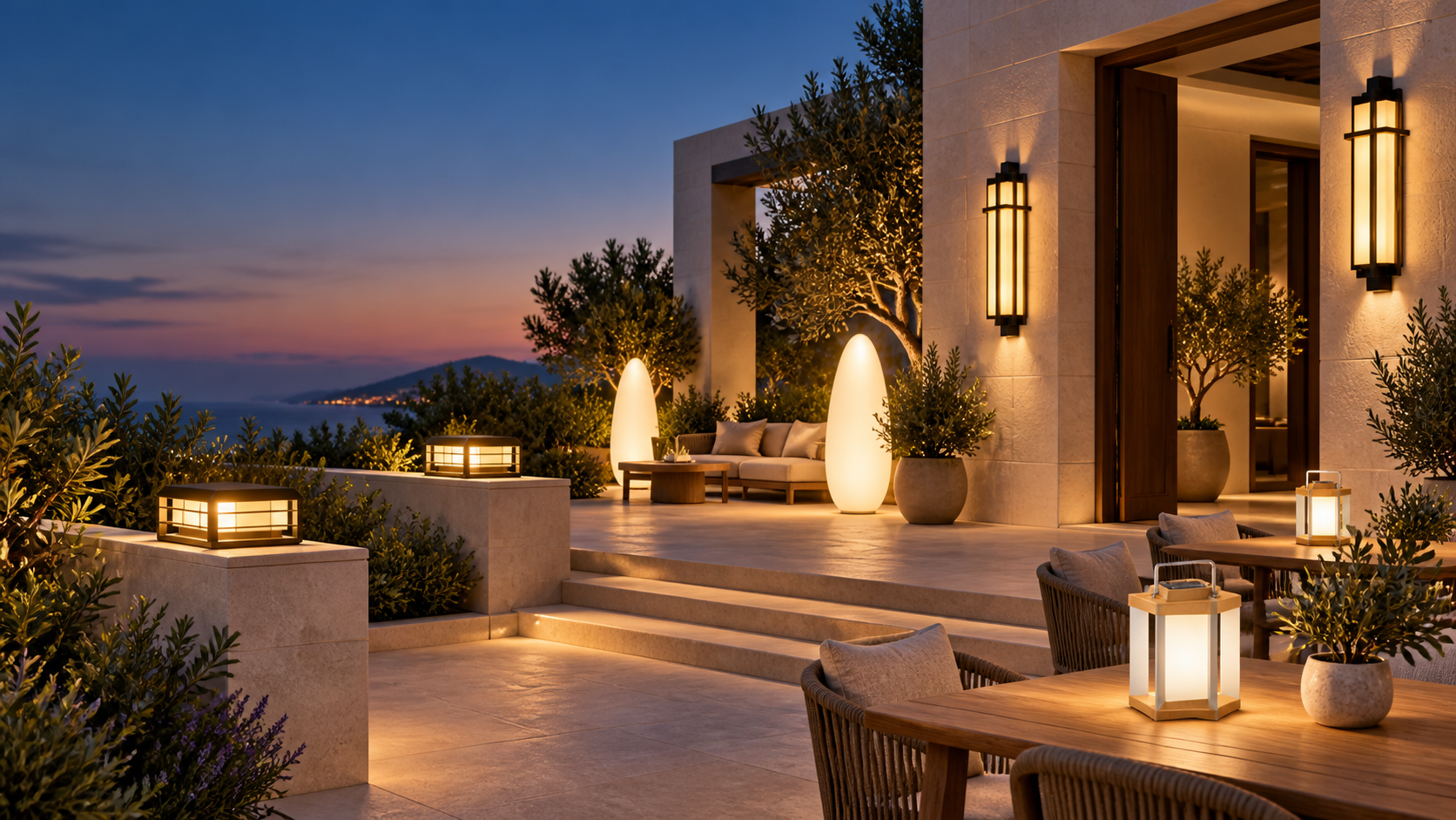 Concept hospitality scene showing wall, pillar, portable and ambient outdoor lights together