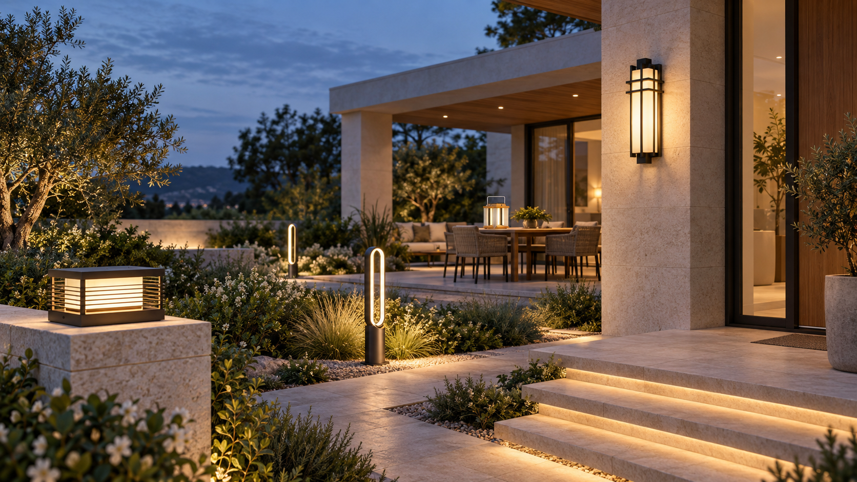 Concept scene showing wall, pillar, garden and portable lights across one villa courtyard